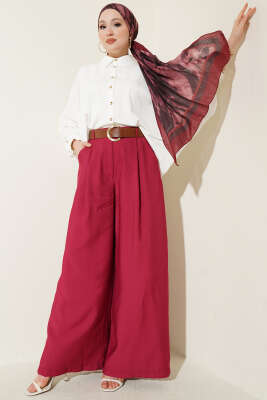 Pileli Kemerli Oversize Pantolon Vişne - Pantolon