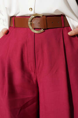Pileli Kemerli Oversize Pantolon Vişne - Pantolon