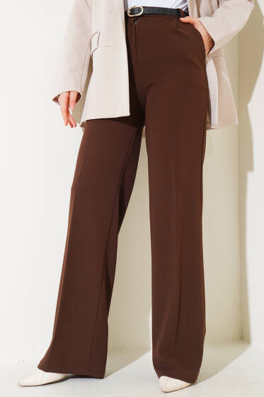 Pileli Kemerli Palazzo Pantolon Kestane - Pantolon