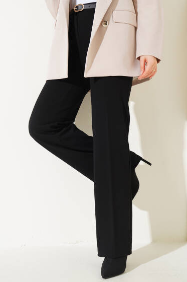 Pileli Kemerli Palazzo Pantolon Siyah - Pantolon