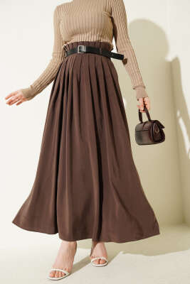 Pileli Kemerli Tensel Etek Kahve - VAV TEKSTİL