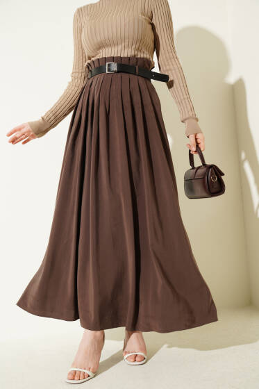 Pileli Kemerli Tensel Etek Kahve - Etek