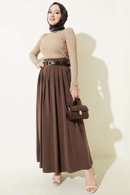 Pileli Kemerli Tensel Etek Kahve - Etek