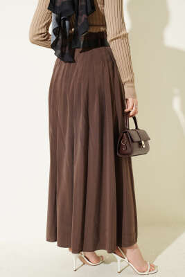 Pileli Kemerli Tensel Etek Kahve - Etek
