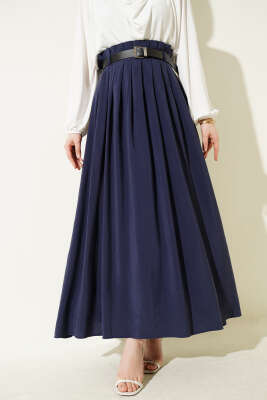 Pileli Kemerli Tensel Etek Lacivert - VAV TEKSTİL