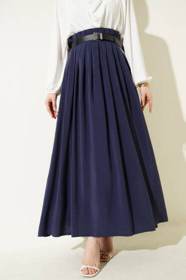 Pileli Kemerli Tensel Etek Lacivert - Etek