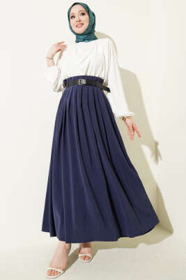 Pileli Kemerli Tensel Etek Lacivert - Etek