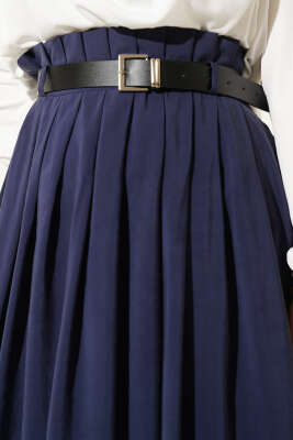 Pileli Kemerli Tensel Etek Lacivert - Etek