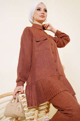 Pileli Keten İkili Takım Kahve - İKİLİ TAKIM