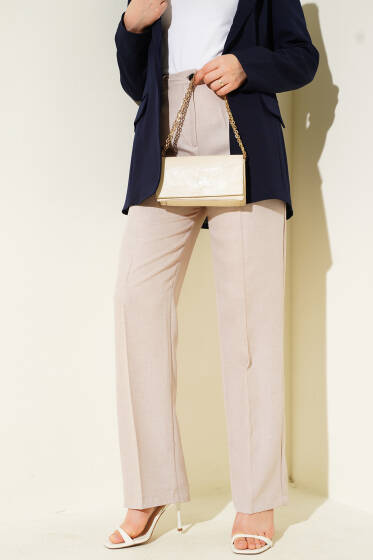 Pileli Keten Kumaş Bej - Pantolon