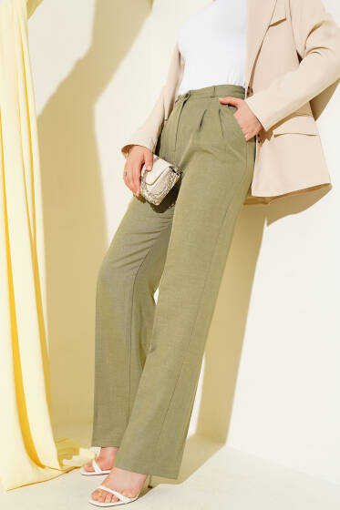 Pileli Keten Kumaş Yeşil - Pantolon