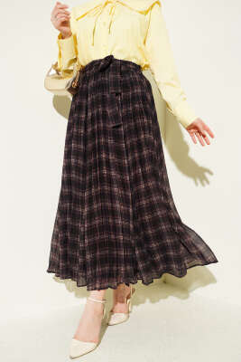 Pileli Kuşaklı Ekoseli Şifon Etek Acı Kahve - VAV TEKSTİL