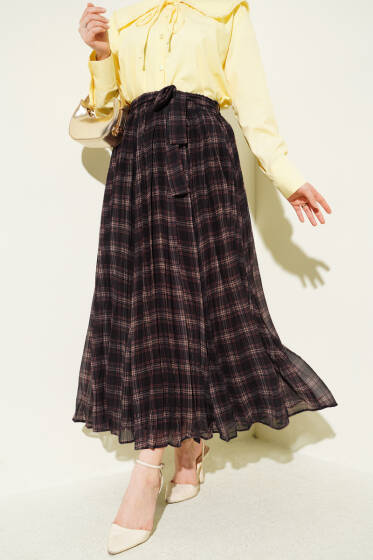 Pileli Kuşaklı Ekoseli Şifon Etek Acı Kahve - Etek