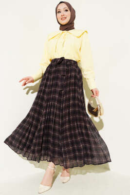 Pileli Kuşaklı Ekoseli Şifon Etek Acı Kahve - Etek