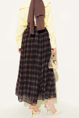 Pileli Kuşaklı Ekoseli Şifon Etek Acı Kahve - Etek