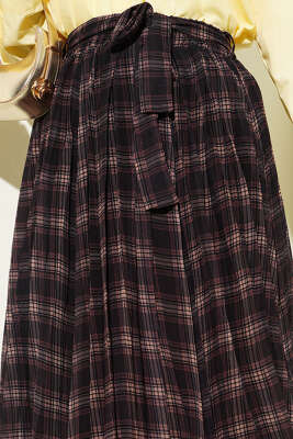 Pileli Kuşaklı Ekoseli Şifon Etek Acı Kahve - Etek