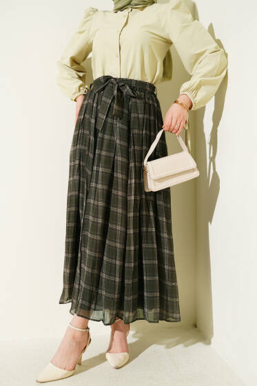 Pileli Kuşaklı Ekoseli Şifon Etek Haki - Etek