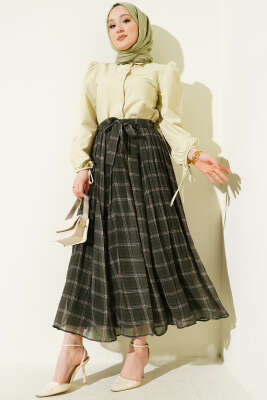 Pileli Kuşaklı Ekoseli Şifon Etek Haki - Etek
