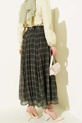 Pileli Kuşaklı Ekoseli Şifon Etek Haki - Etek
