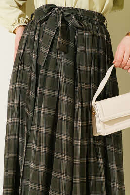 Pileli Kuşaklı Ekoseli Şifon Etek Haki - Etek