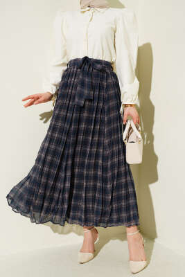 Pileli Kuşaklı Ekoseli Şifon Etek Lacivert - VAV TEKSTİL