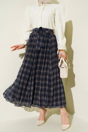 Pileli Kuşaklı Ekoseli Şifon Etek Lacivert - Etek