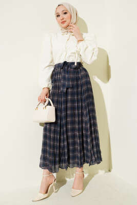 Pileli Kuşaklı Ekoseli Şifon Etek Lacivert - Etek