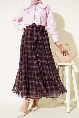 Pileli Kuşaklı Ekoseli Şifon Etek Mürdüm - VAV TEKSTİL