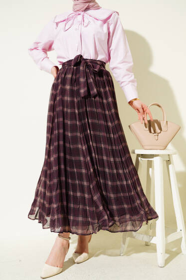 Pileli Kuşaklı Ekoseli Şifon Etek Mürdüm - Etek