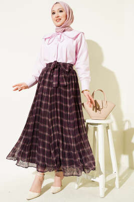 Pileli Kuşaklı Ekoseli Şifon Etek Mürdüm - Etek