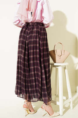 Pileli Kuşaklı Ekoseli Şifon Etek Mürdüm - Etek