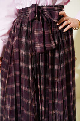 Pileli Kuşaklı Ekoseli Şifon Etek Mürdüm - Etek