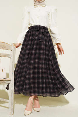 Pileli Kuşaklı Ekoseli Şifon Etek Siyah - VAV TEKSTİL