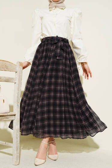 Pileli Kuşaklı Ekoseli Şifon Etek Siyah - Etek