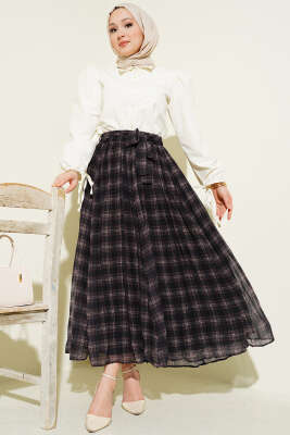 Pileli Kuşaklı Ekoseli Şifon Etek Siyah - Etek