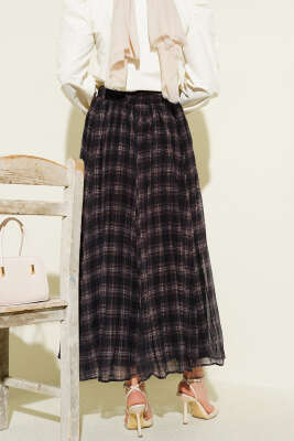 Pileli Kuşaklı Ekoseli Şifon Etek Siyah - Etek