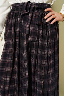 Pileli Kuşaklı Ekoseli Şifon Etek Siyah - Etek