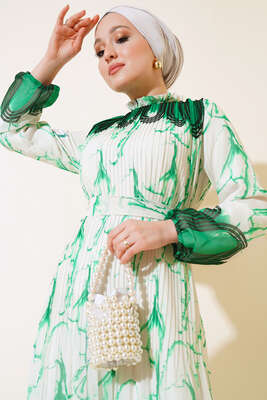 Pileli Kuşaklı Elbise Yeşil - Thumbnail