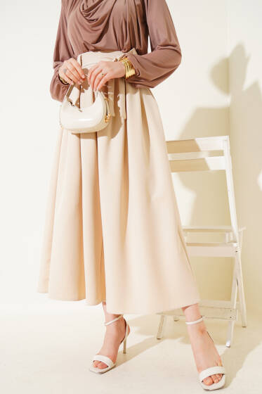 Pileli Kuşaklı Kloş Etek Bej - Uzun Etek