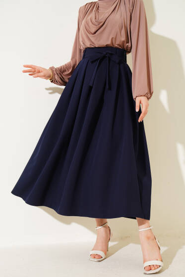 Pileli Kuşaklı Kloş Etek Lacivert - Etek