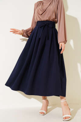 Pileli Kuşaklı Kloş Etek Lacivert - MUSTİ