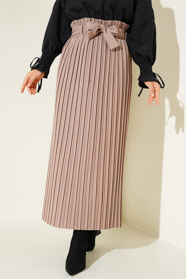 Pileli Kuşaklı Krep Etek Bej - Uzun Etek