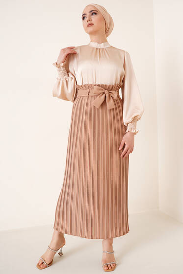 Pileli Kuşaklı Krep Etek Camel - Uzun Etek