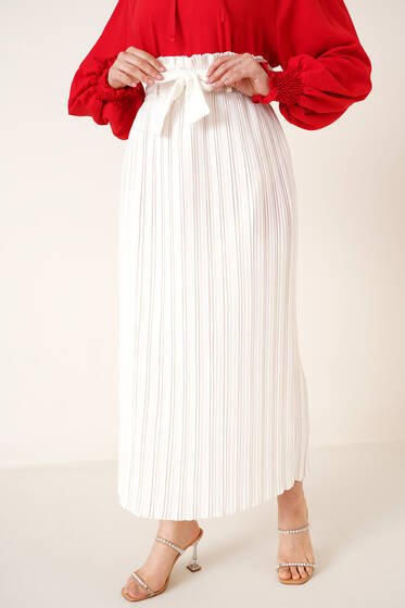 Pileli Kuşaklı Krep Etek Ekru - Uzun Etek