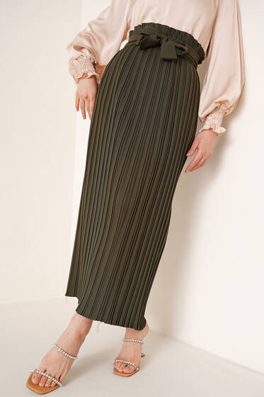 Pileli Kuşaklı Krep Etek Haki - Uzun Etek