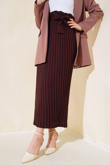 Pileli Kuşaklı Krep Etek Kahve - Uzun Etek