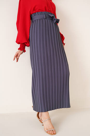 Pileli Kuşaklı Krep Etek Kayrak Grisi - Uzun Etek