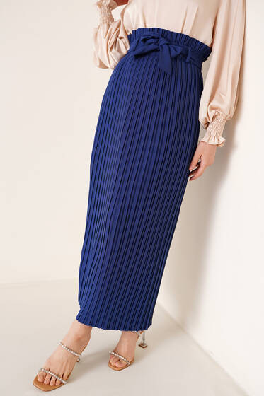 Pileli Kuşaklı Krep Etek Lacivert - Uzun Etek