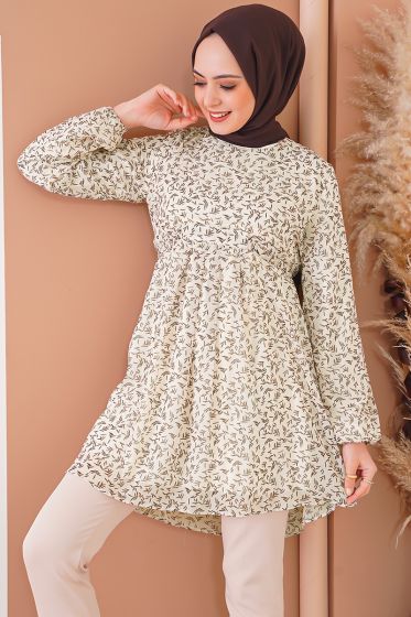 Pileli Kuşaklı Şifon Bej Tunik - Tunik