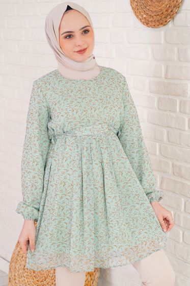 Pileli Kuşaklı Şifon Çağla Yeşili Tunik - Tunik